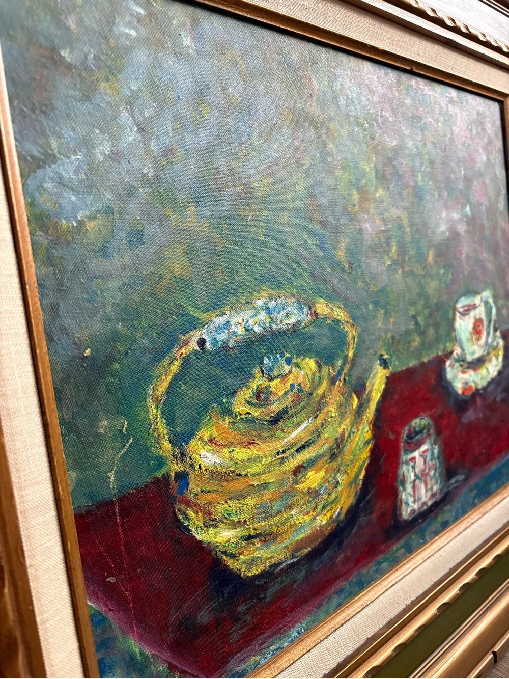 Vintage Teapot Still Life Abstract Oil Painting Framed Green & Gold Impasto VTG - Picture 7 of 14